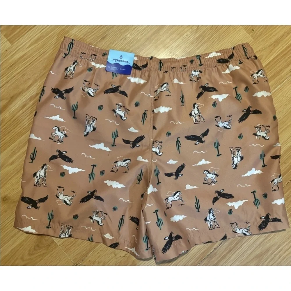 Men's Tan Swim Shorts with Western Print